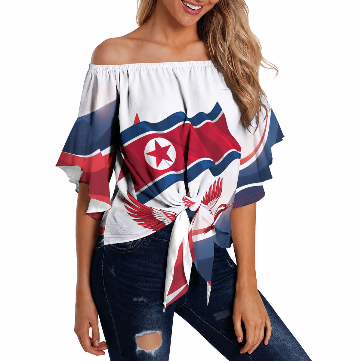 North Korea Flag Day Spirit Of North Korea Off Shoulder Wrap Waist Top Flying Crane Graphic With Tiger Portrait And Magnolia Flowers