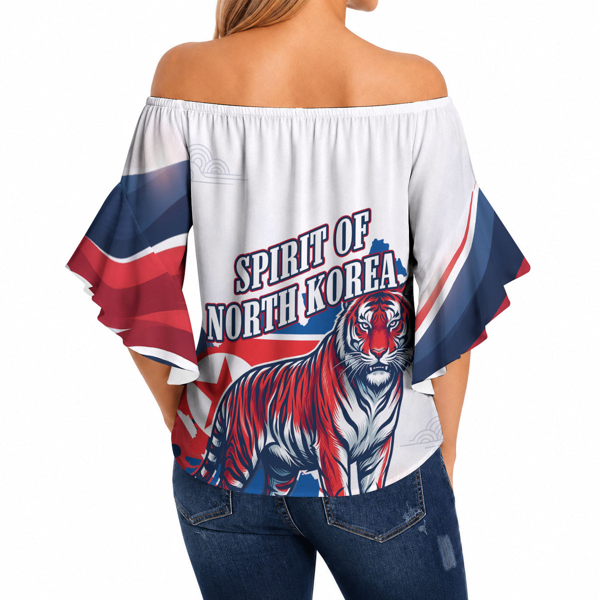 North Korea Flag Day Spirit Of North Korea Off Shoulder Wrap Waist Top Flying Crane Graphic With Tiger Portrait And Magnolia Flowers