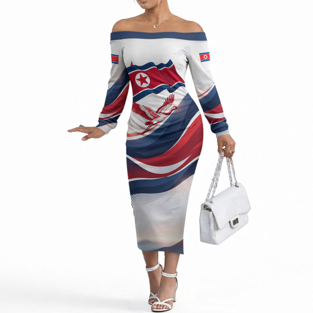 North Korea Flag Day Spirit Of North Korea Off The Shoulder Long Sleeve Dress Flying Crane Graphic With Tiger Portrait And Magnolia Flowers