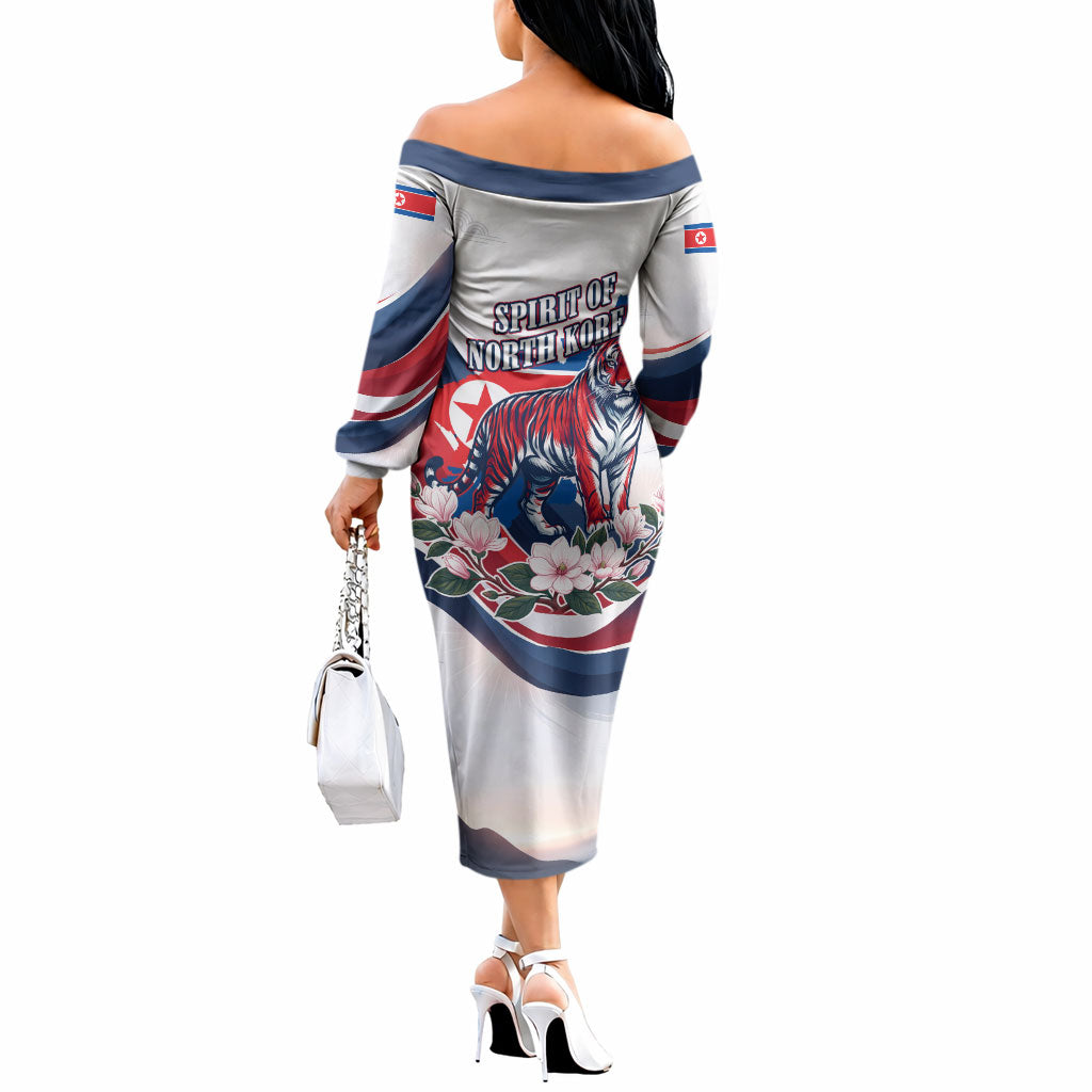 North Korea Flag Day Spirit Of North Korea Off The Shoulder Long Sleeve Dress Flying Crane Graphic With Tiger Portrait And Magnolia Flowers