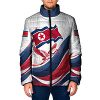 North Korea Flag Day Spirit Of North Korea Padded Jacket Flying Crane Graphic With Tiger Portrait And Magnolia Flowers