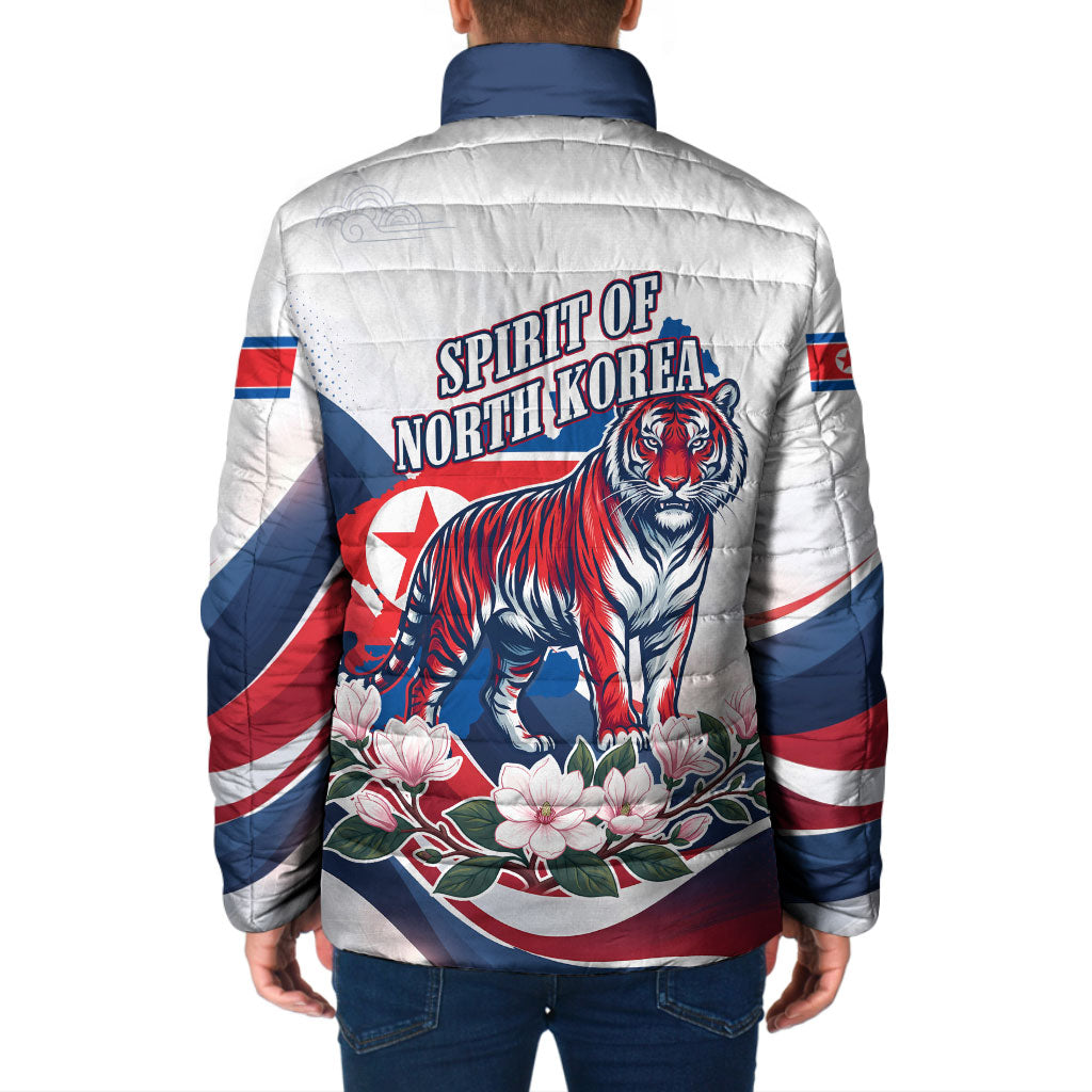 North Korea Flag Day Spirit Of North Korea Padded Jacket Flying Crane Graphic With Tiger Portrait And Magnolia Flowers