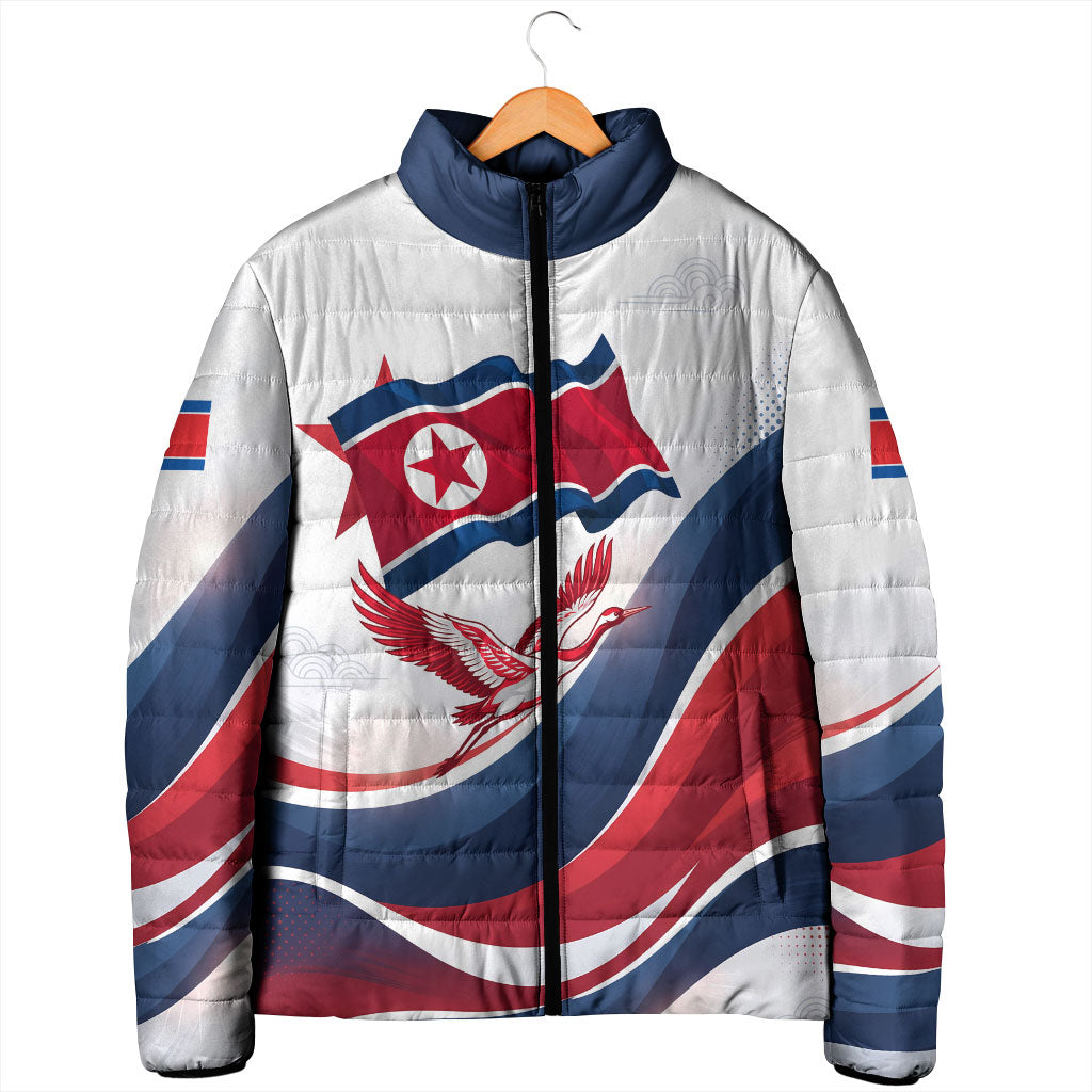 North Korea Flag Day Spirit Of North Korea Padded Jacket Flying Crane Graphic With Tiger Portrait And Magnolia Flowers