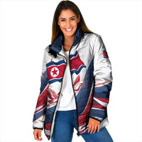 North Korea Flag Day Spirit Of North Korea Padded Jacket Flying Crane Graphic With Tiger Portrait And Magnolia Flowers