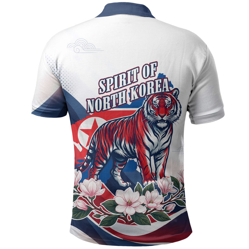 North Korea Flag Day Spirit Of North Korea Polo Shirt Flying Crane Graphic With Tiger Portrait And Magnolia Flowers