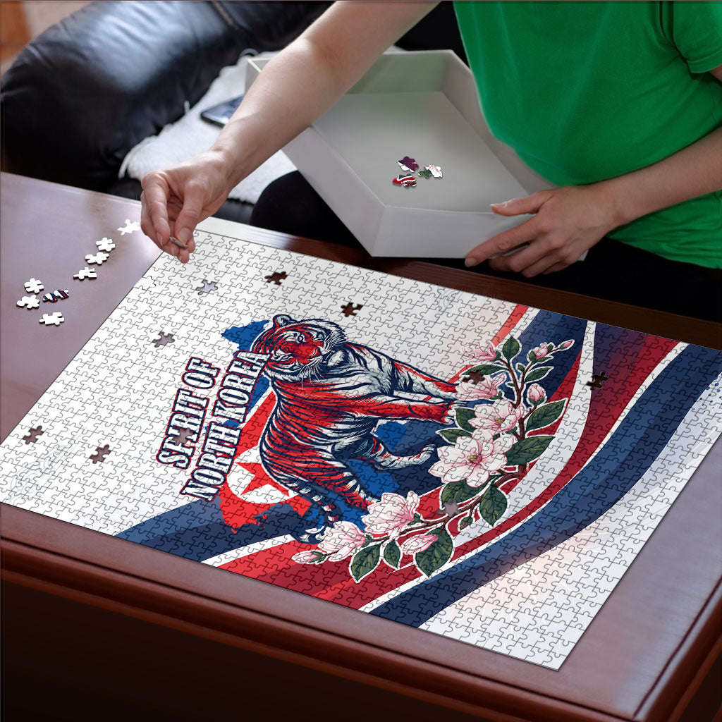 North Korea Flag Day Spirit Of North Korea Puzzle Flying Crane Graphic With Tiger Portrait And Magnolia Flowers
