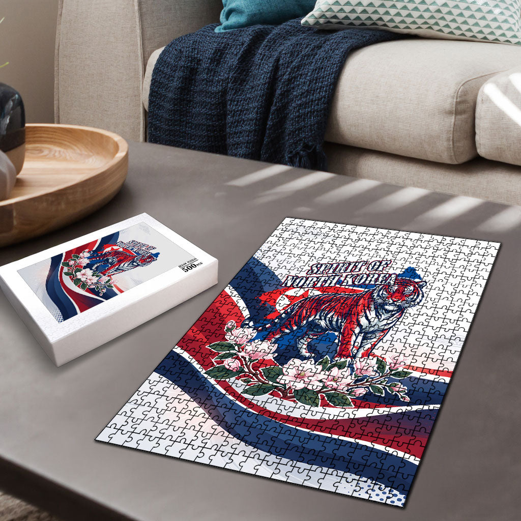 North Korea Flag Day Spirit Of North Korea Puzzle Flying Crane Graphic With Tiger Portrait And Magnolia Flowers