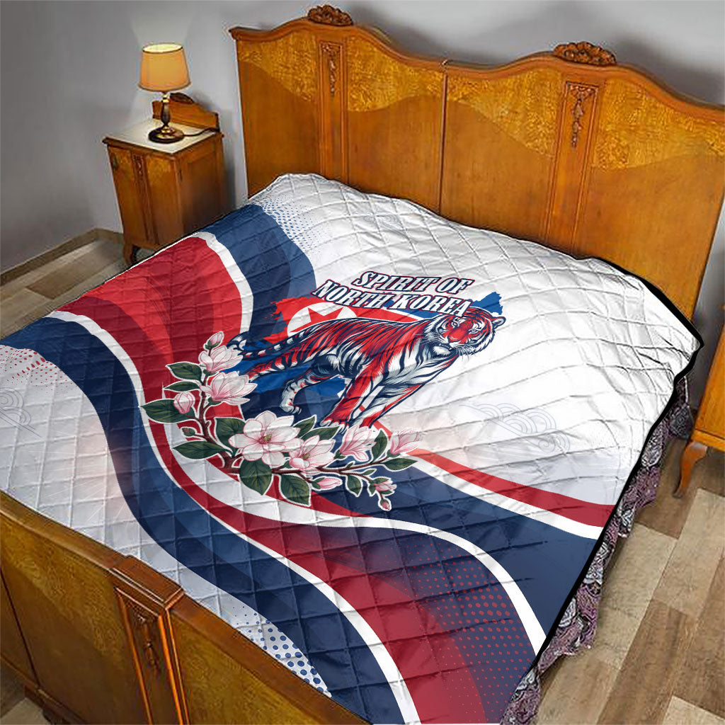 North Korea Flag Day Spirit Of North Korea Quilt Flying Crane Graphic With Tiger Portrait And Magnolia Flowers
