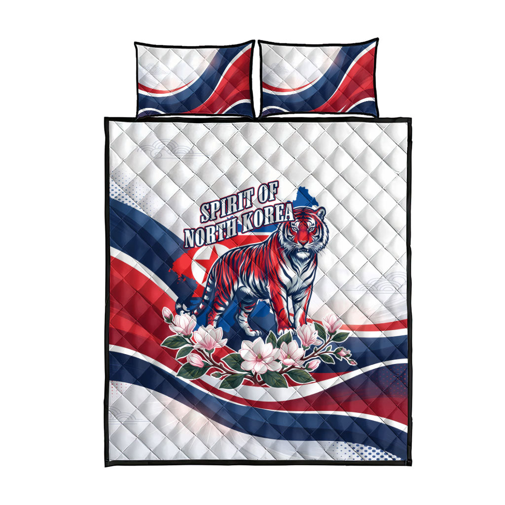 North Korea Flag Day Spirit Of North Korea Quilt Bed Set Flying Crane Graphic With Tiger Portrait And Magnolia Flowers