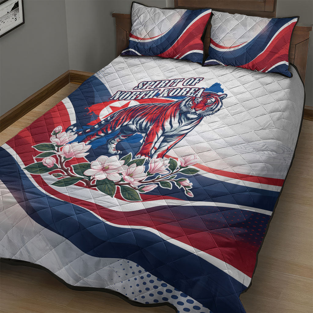 North Korea Flag Day Spirit Of North Korea Quilt Bed Set Flying Crane Graphic With Tiger Portrait And Magnolia Flowers