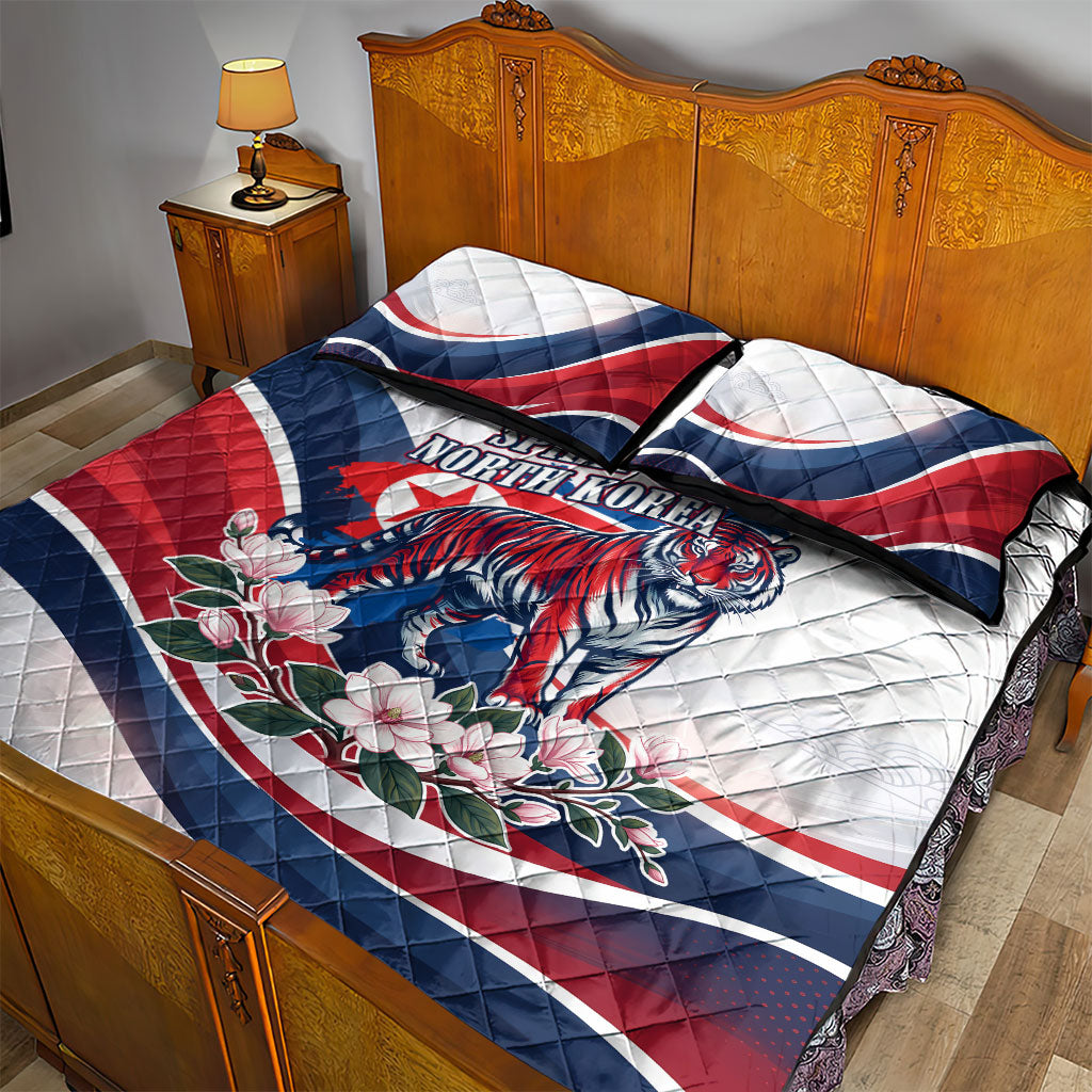 North Korea Flag Day Spirit Of North Korea Quilt Bed Set Flying Crane Graphic With Tiger Portrait And Magnolia Flowers