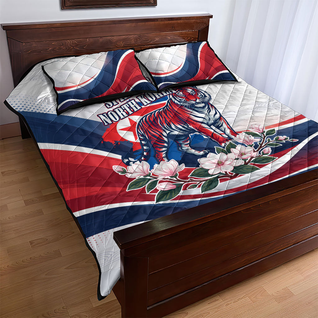 North Korea Flag Day Spirit Of North Korea Quilt Bed Set Flying Crane Graphic With Tiger Portrait And Magnolia Flowers