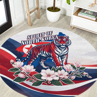 North Korea Flag Day Spirit Of North Korea Round Carpet Flying Crane Graphic With Tiger Portrait And Magnolia Flowers