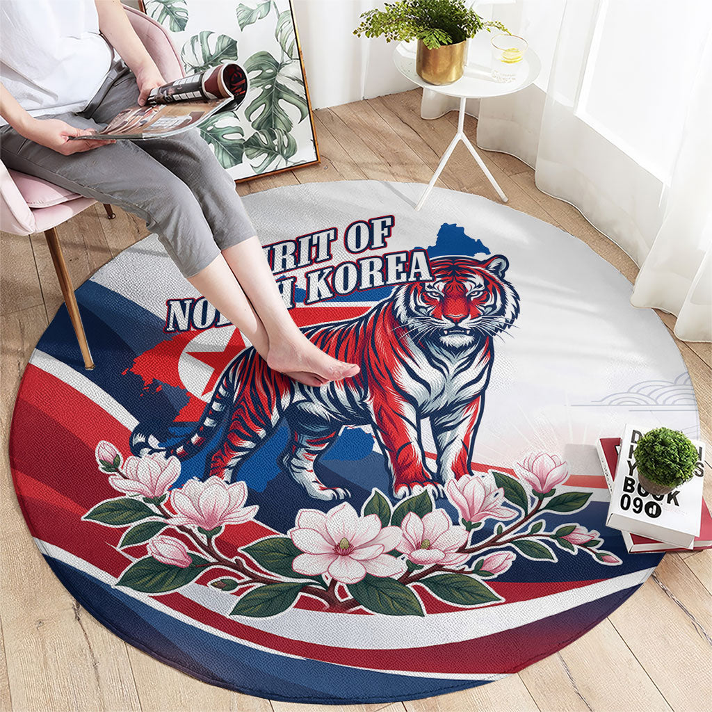 North Korea Flag Day Spirit Of North Korea Round Carpet Flying Crane Graphic With Tiger Portrait And Magnolia Flowers