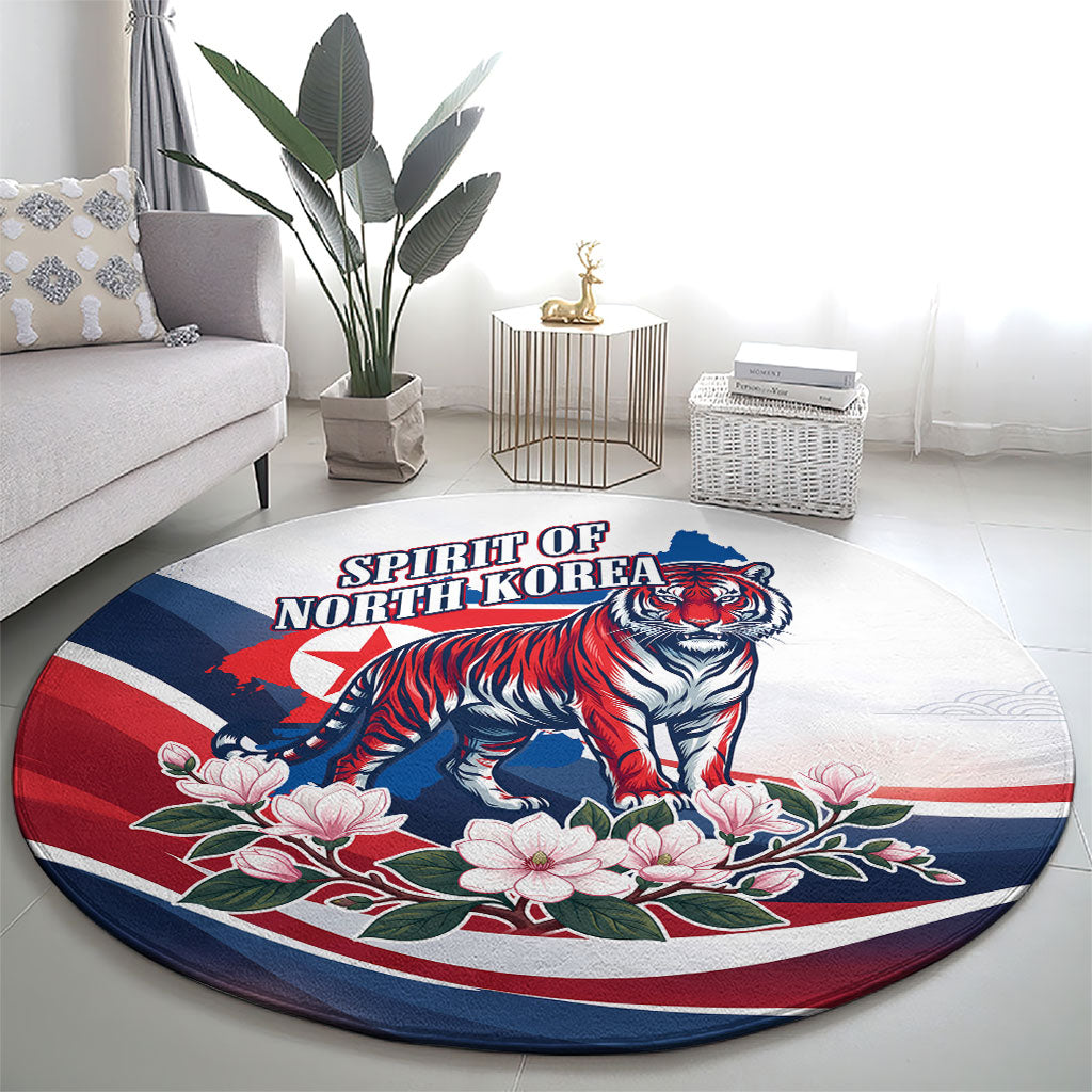 North Korea Flag Day Spirit Of North Korea Round Carpet Flying Crane Graphic With Tiger Portrait And Magnolia Flowers