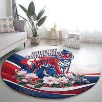 North Korea Flag Day Spirit Of North Korea Round Carpet Flying Crane Graphic With Tiger Portrait And Magnolia Flowers