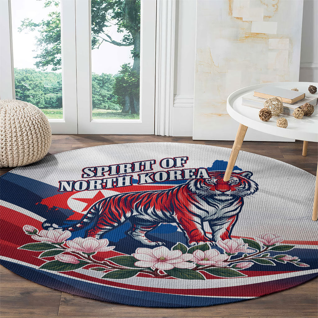 North Korea Flag Day Spirit Of North Korea Round Carpet Flying Crane Graphic With Tiger Portrait And Magnolia Flowers