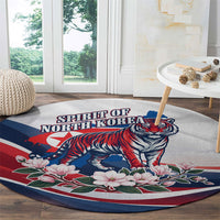 North Korea Flag Day Spirit Of North Korea Round Carpet Flying Crane Graphic With Tiger Portrait And Magnolia Flowers