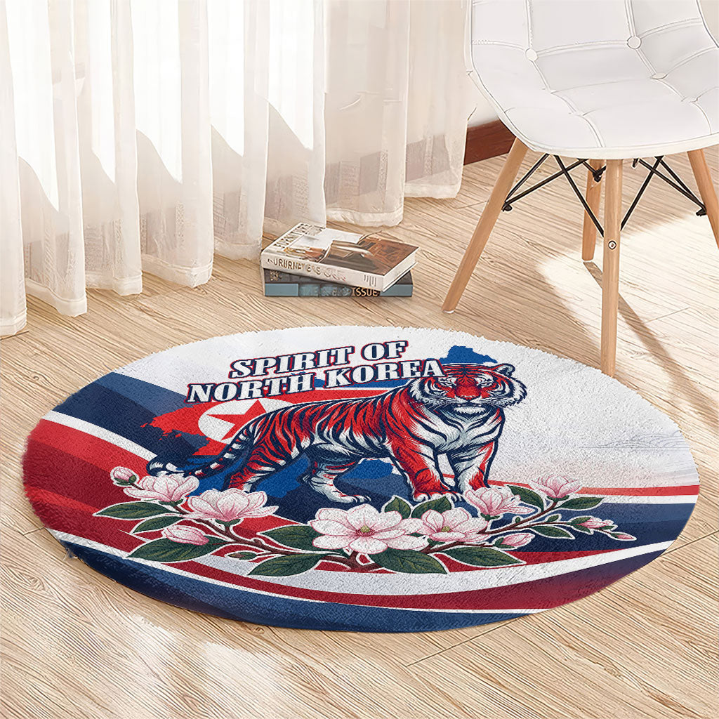 North Korea Flag Day Spirit Of North Korea Round Carpet Flying Crane Graphic With Tiger Portrait And Magnolia Flowers
