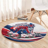 North Korea Flag Day Spirit Of North Korea Round Carpet Flying Crane Graphic With Tiger Portrait And Magnolia Flowers