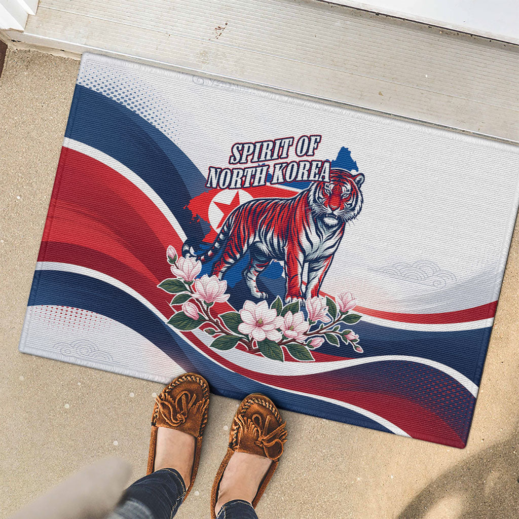 North Korea Flag Day Spirit Of North Korea Rubber Doormat Flying Crane Graphic With Tiger Portrait And Magnolia Flowers