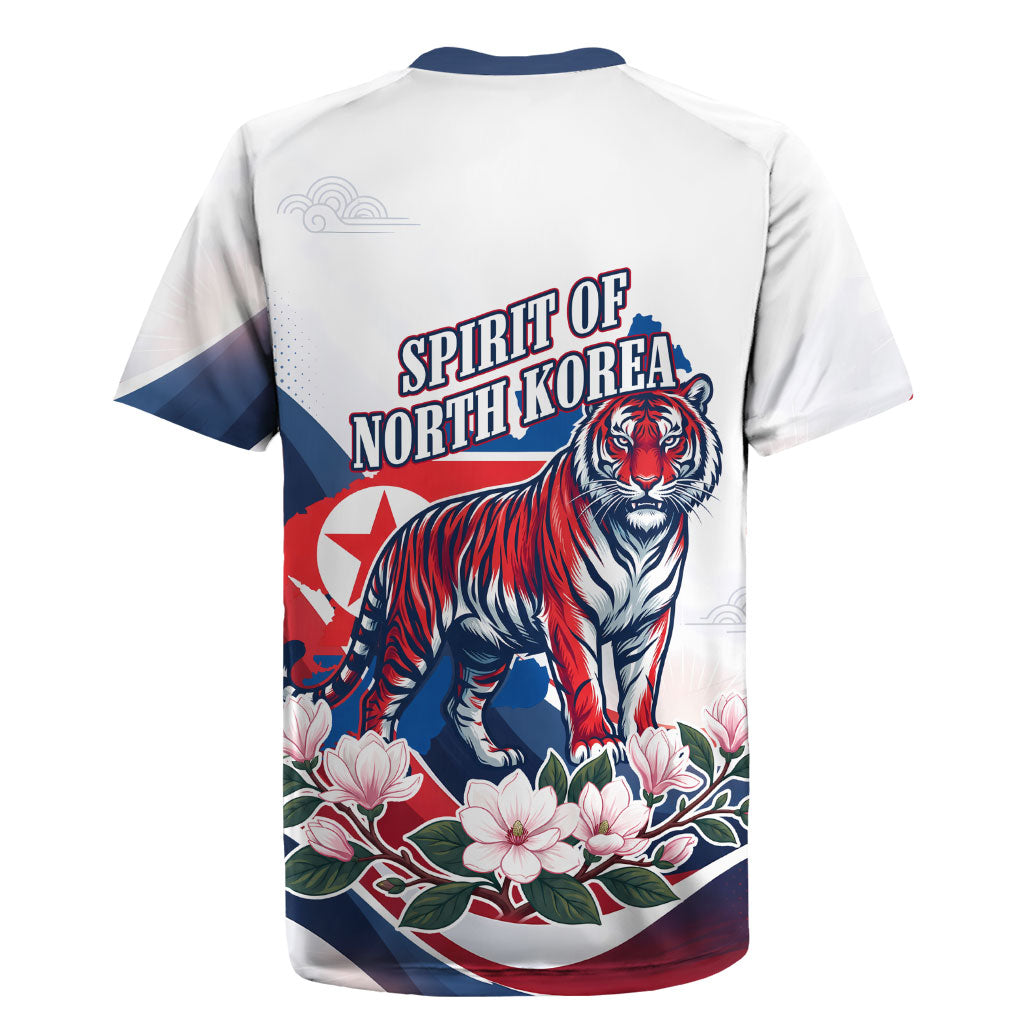 North Korea Flag Day Spirit Of North Korea Rugby Jersey Flying Crane Graphic With Tiger Portrait And Magnolia Flowers