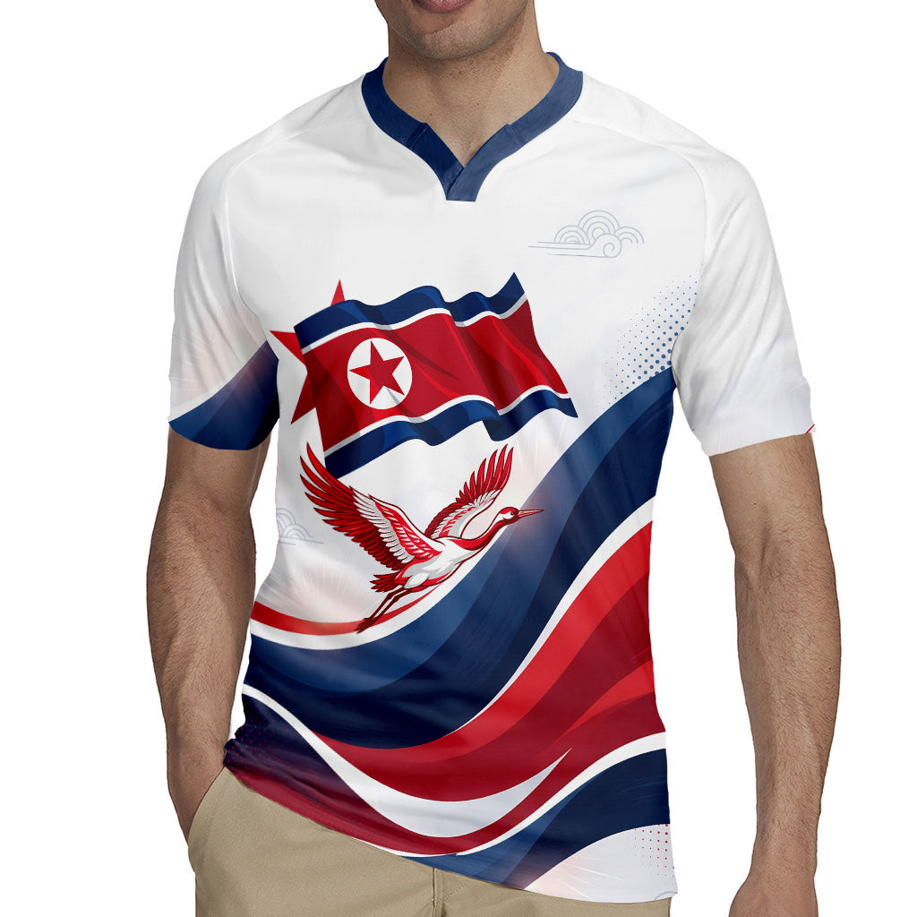 North Korea Flag Day Spirit Of North Korea Rugby Jersey Flying Crane Graphic With Tiger Portrait And Magnolia Flowers