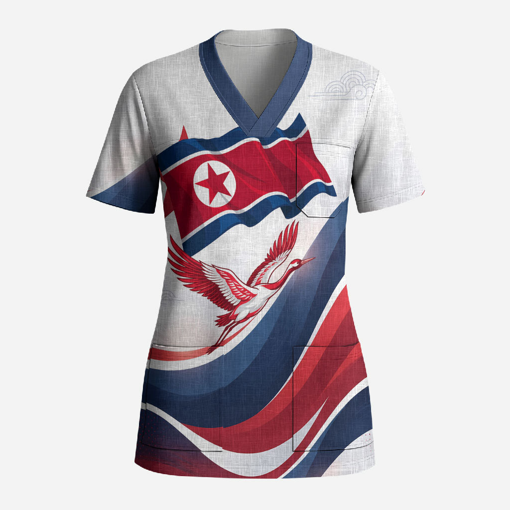 North Korea Flag Day Spirit Of North Korea Scrub Top Flying Crane Graphic With Tiger Portrait And Magnolia Flowers