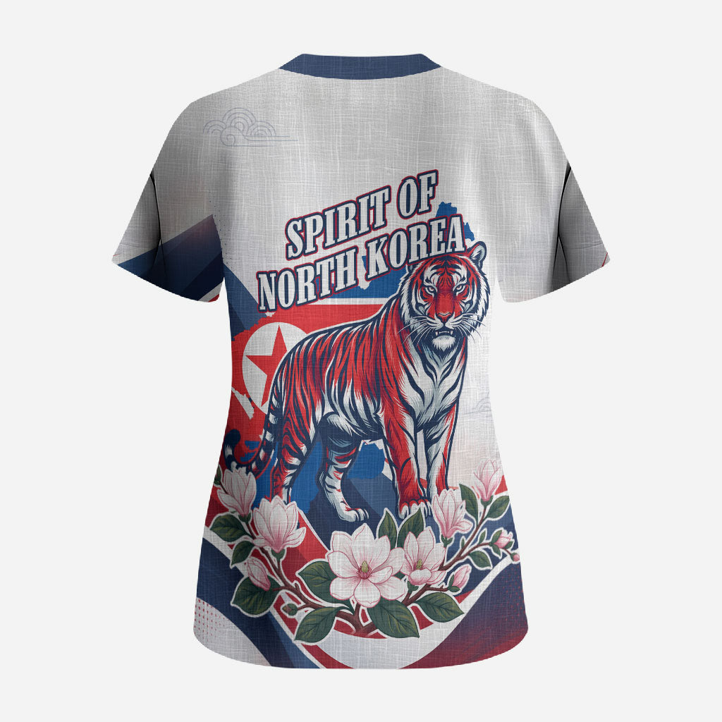 North Korea Flag Day Spirit Of North Korea Scrub Top Flying Crane Graphic With Tiger Portrait And Magnolia Flowers