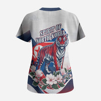 North Korea Flag Day Spirit Of North Korea Scrub Top Flying Crane Graphic With Tiger Portrait And Magnolia Flowers