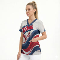 North Korea Flag Day Spirit Of North Korea Scrub Top Flying Crane Graphic With Tiger Portrait And Magnolia Flowers