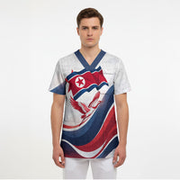 North Korea Flag Day Spirit Of North Korea Scrub Top Flying Crane Graphic With Tiger Portrait And Magnolia Flowers