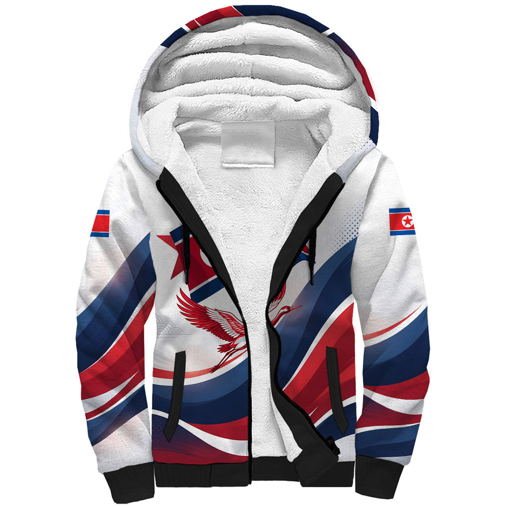 North Korea Flag Day Spirit Of North Korea Sherpa Hoodie Flying Crane Graphic With Tiger Portrait And Magnolia Flowers