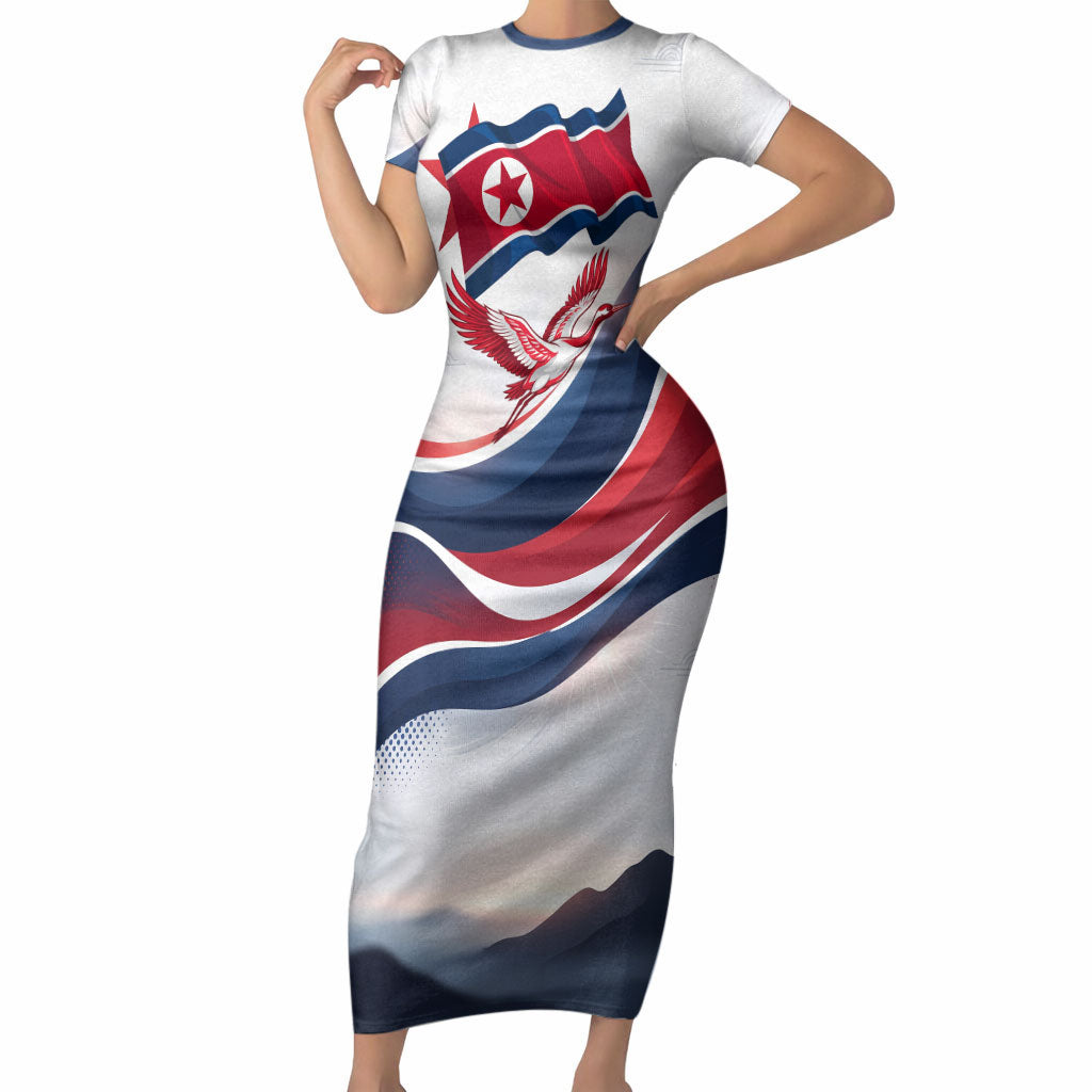 North Korea Flag Day Spirit Of North Korea Short Sleeve Bodycon Dress Flying Crane Graphic With Tiger Portrait And Magnolia Flowers