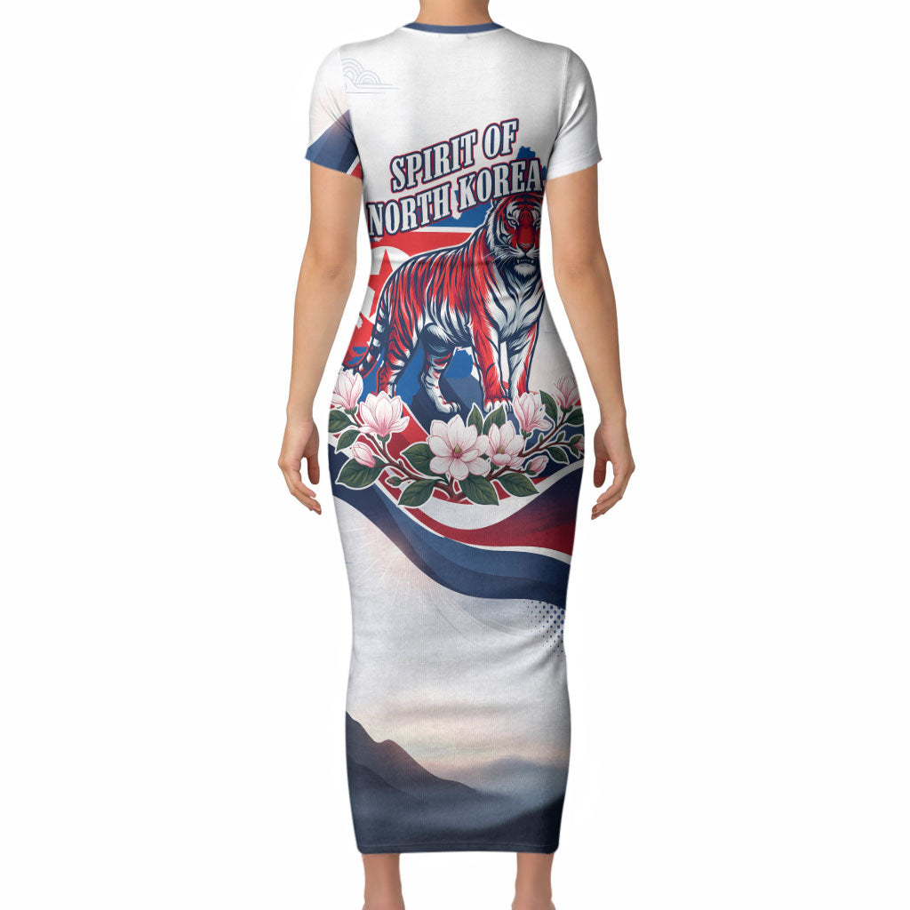 North Korea Flag Day Spirit Of North Korea Short Sleeve Bodycon Dress Flying Crane Graphic With Tiger Portrait And Magnolia Flowers