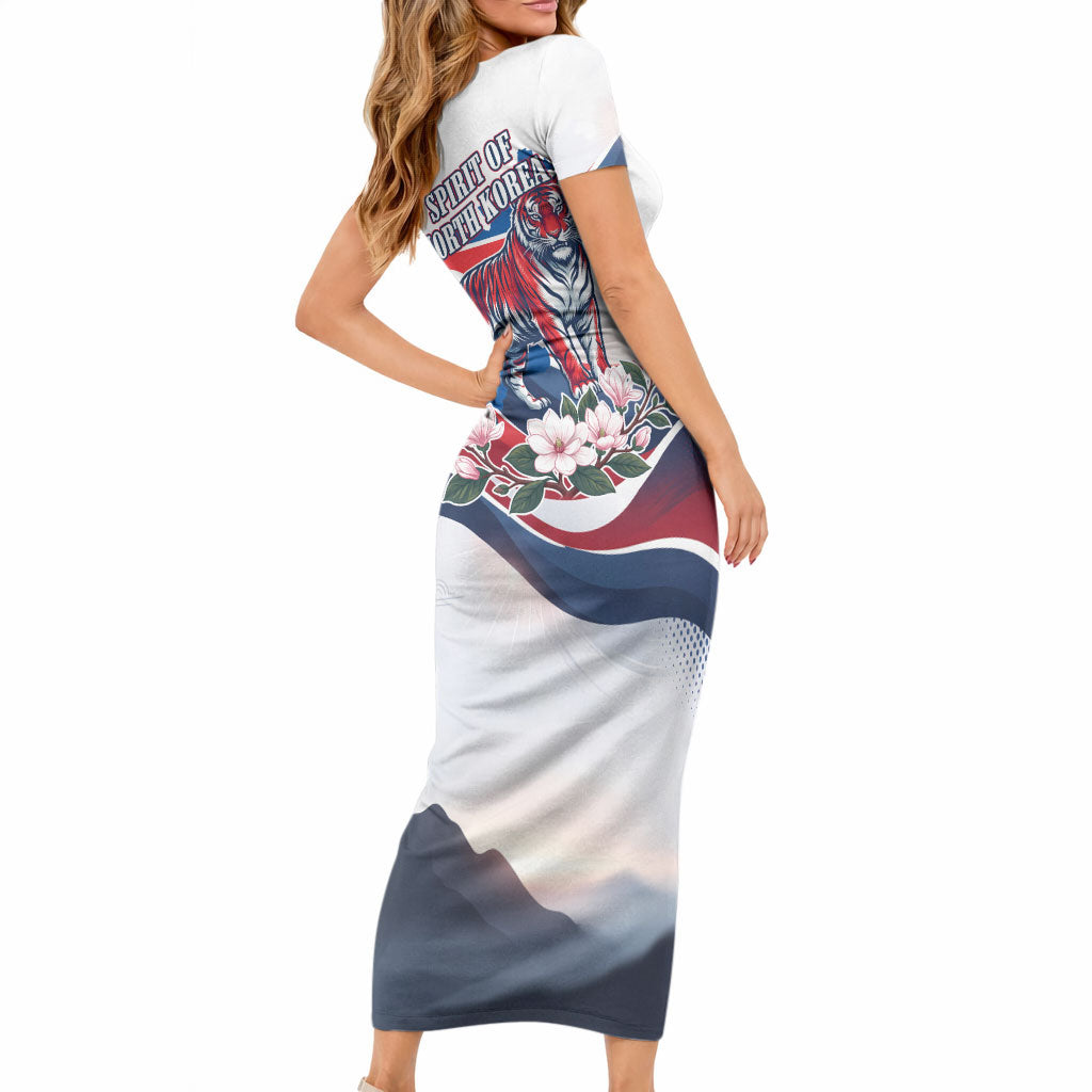 North Korea Flag Day Spirit Of North Korea Short Sleeve Bodycon Dress Flying Crane Graphic With Tiger Portrait And Magnolia Flowers