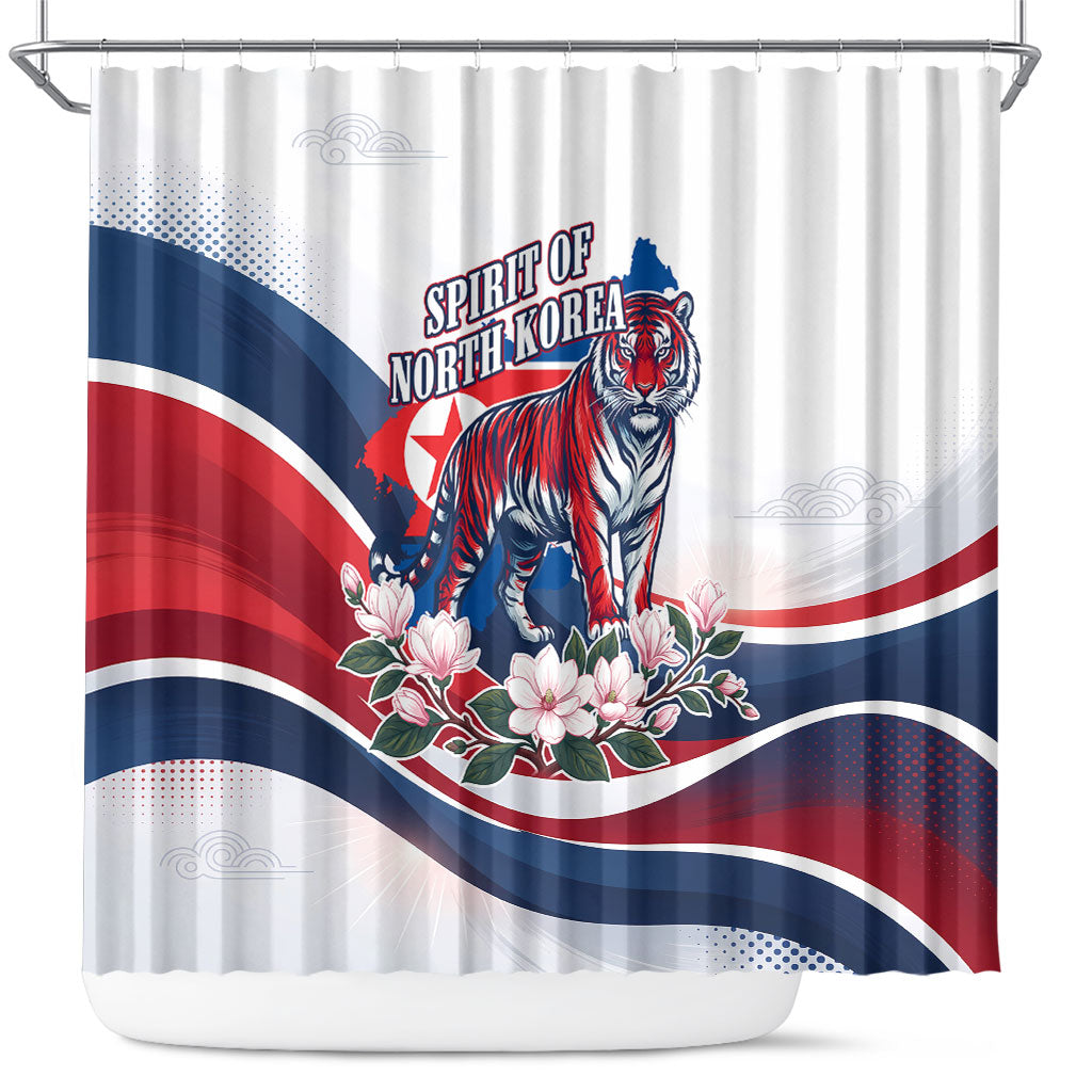 North Korea Flag Day Spirit Of North Korea Shower Curtain Flying Crane Graphic With Tiger Portrait And Magnolia Flowers