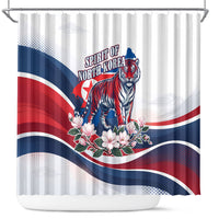 North Korea Flag Day Spirit Of North Korea Shower Curtain Flying Crane Graphic With Tiger Portrait And Magnolia Flowers