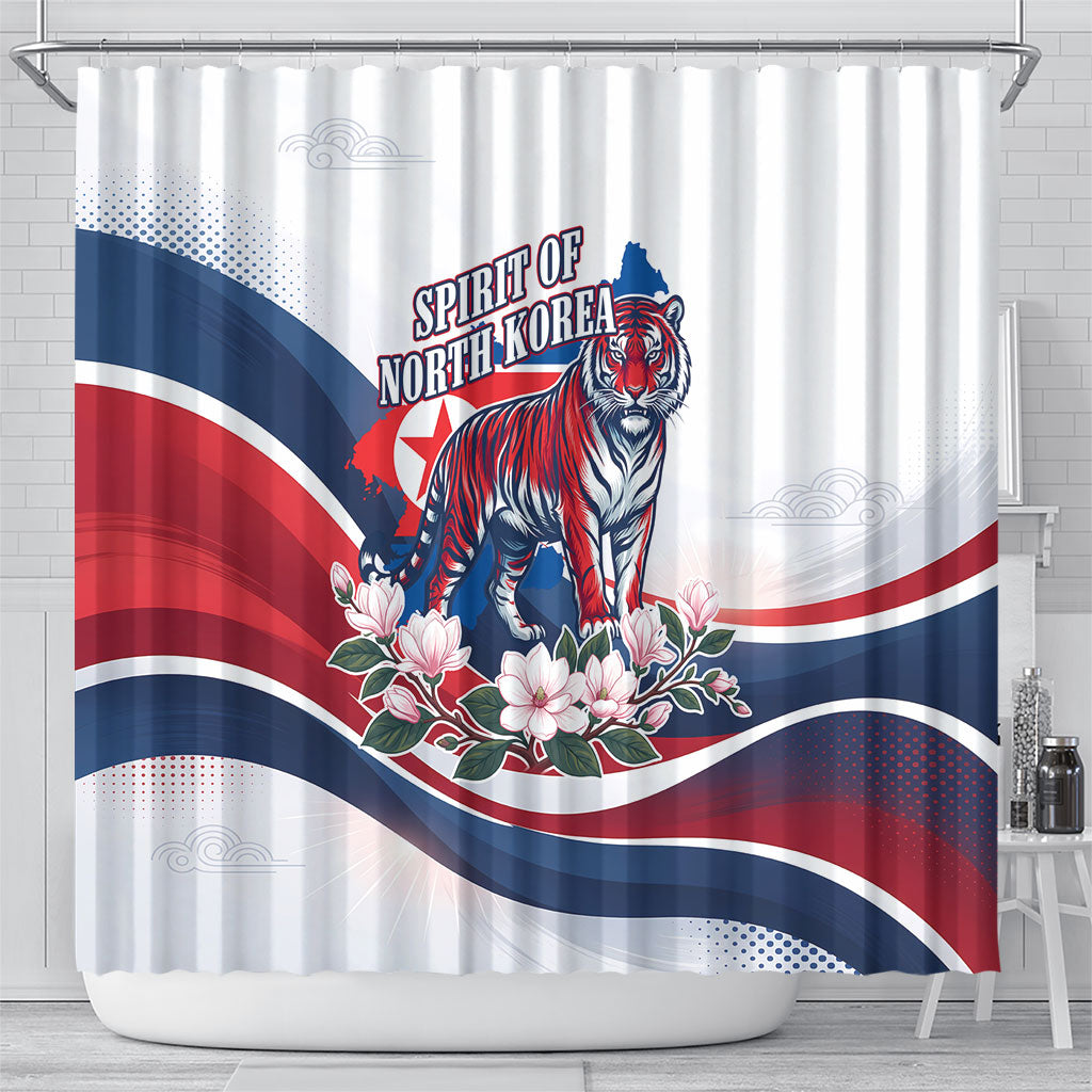 North Korea Flag Day Spirit Of North Korea Shower Curtain Flying Crane Graphic With Tiger Portrait And Magnolia Flowers