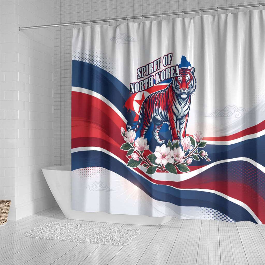 North Korea Flag Day Spirit Of North Korea Shower Curtain Flying Crane Graphic With Tiger Portrait And Magnolia Flowers