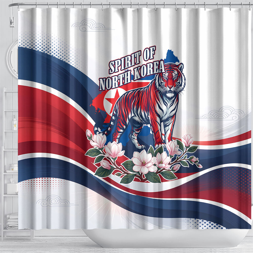 North Korea Flag Day Spirit Of North Korea Shower Curtain Flying Crane Graphic With Tiger Portrait And Magnolia Flowers