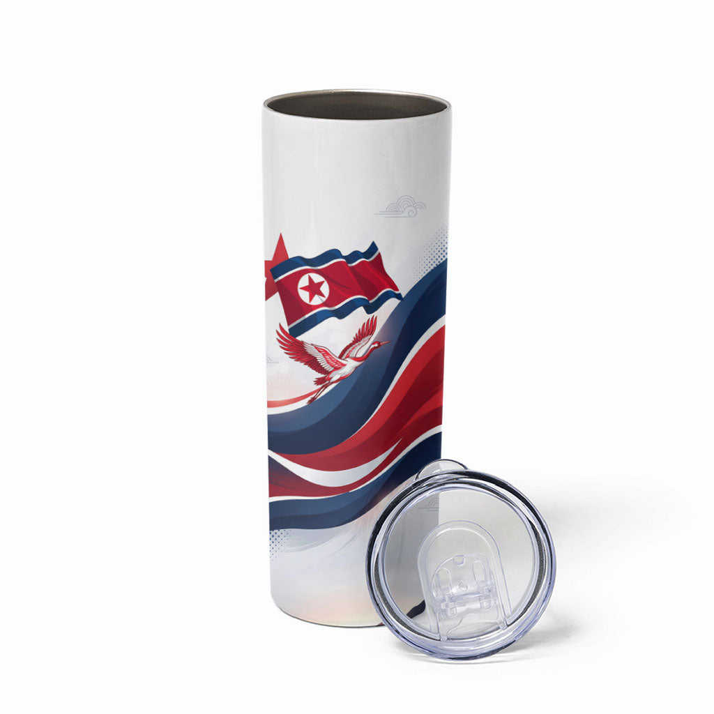 North Korea Flag Day Spirit Of North Korea Skinny Tumbler Flying Crane Graphic With Tiger Portrait And Magnolia Flowers