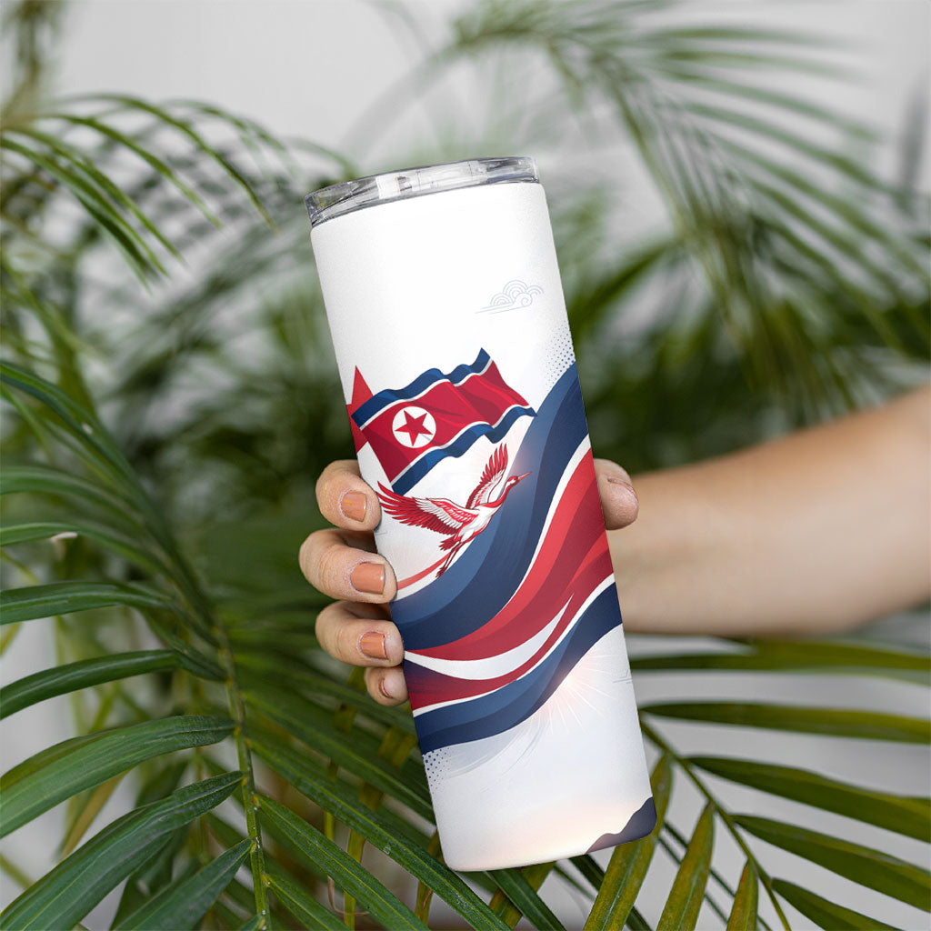 North Korea Flag Day Spirit Of North Korea Skinny Tumbler Flying Crane Graphic With Tiger Portrait And Magnolia Flowers