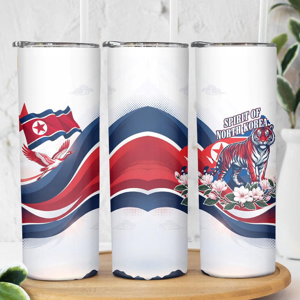 North Korea Flag Day Spirit Of North Korea Skinny Tumbler Flying Crane Graphic With Tiger Portrait And Magnolia Flowers