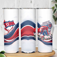 North Korea Flag Day Spirit Of North Korea Skinny Tumbler Flying Crane Graphic With Tiger Portrait And Magnolia Flowers
