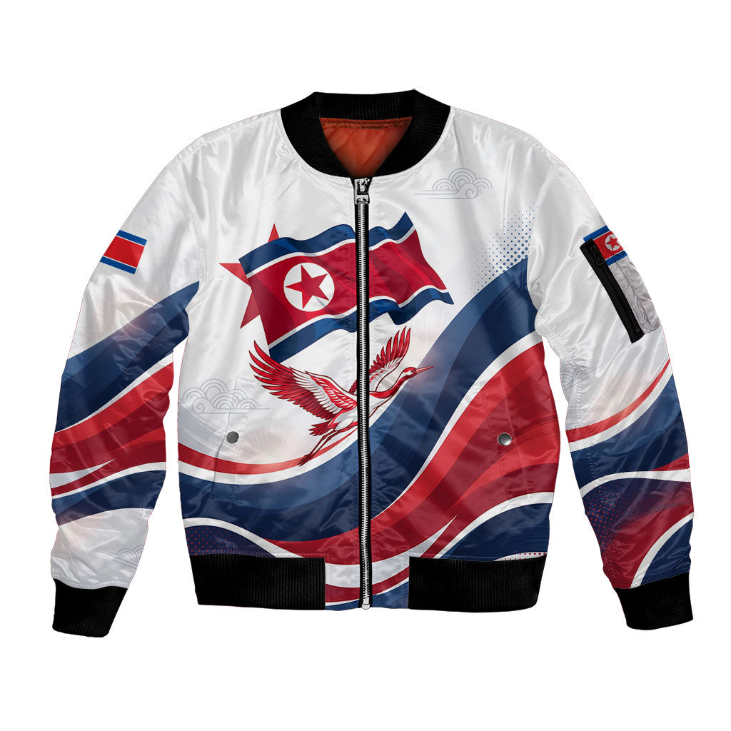 North Korea Flag Day Spirit Of North Korea Sleeve Zip Bomber Jacket Flying Crane Graphic With Tiger Portrait And Magnolia Flowers