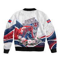 North Korea Flag Day Spirit Of North Korea Sleeve Zip Bomber Jacket Flying Crane Graphic With Tiger Portrait And Magnolia Flowers