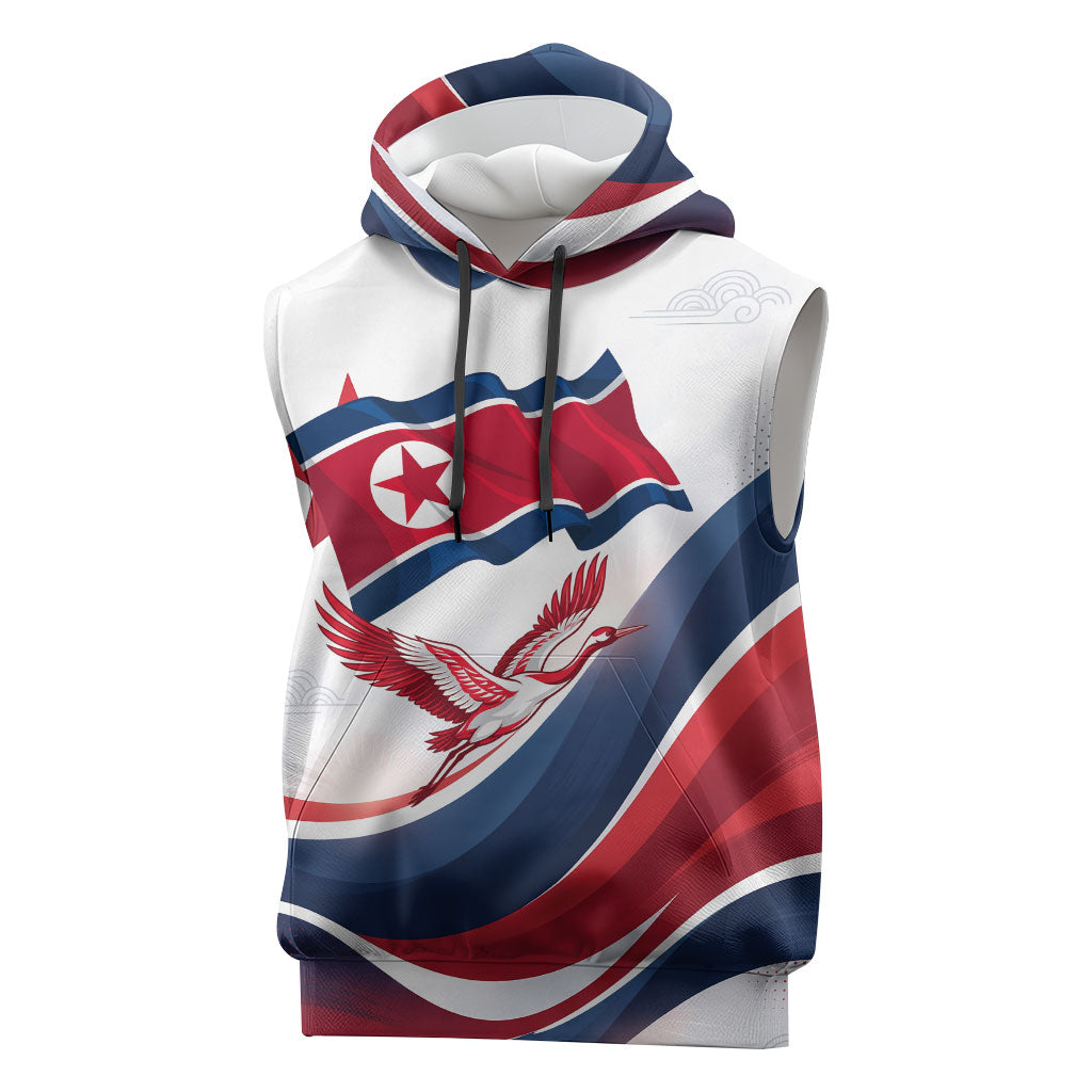 North Korea Flag Day Spirit Of North Korea Sleeveless Hoodie Flying Crane Graphic With Tiger Portrait And Magnolia Flowers