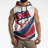 North Korea Flag Day Spirit Of North Korea Sleeveless Hoodie Flying Crane Graphic With Tiger Portrait And Magnolia Flowers