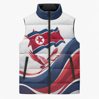 North Korea Flag Day Spirit Of North Korea Sleeveless Puffer Jacket Flying Crane Graphic With Tiger Portrait And Magnolia Flowers